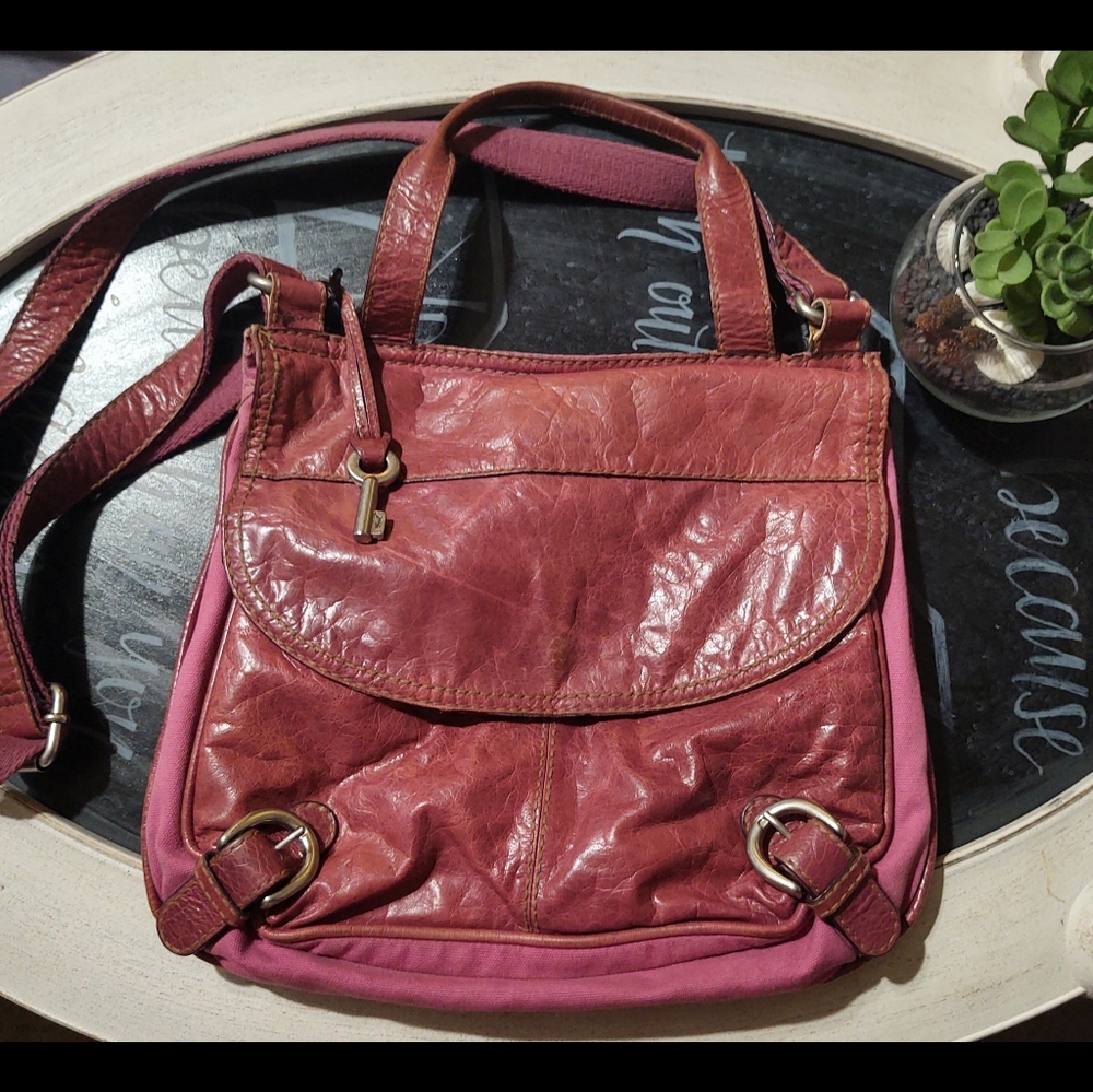 Fossil Leather/Canvas Mauve Crossbody Purse